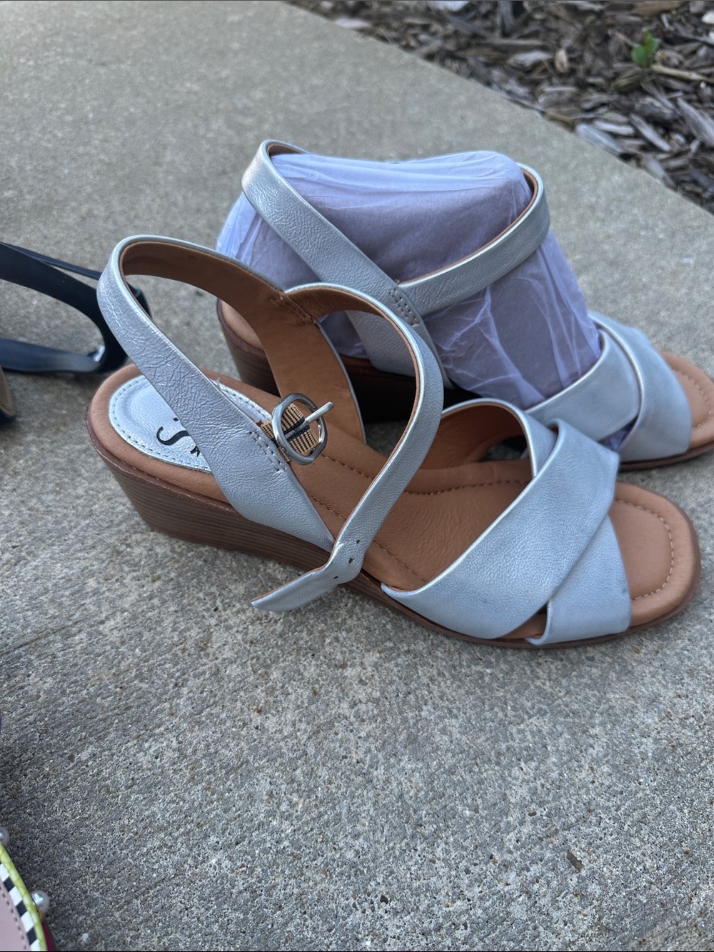 Sofft Silver Leather Low Block Heel Sandals